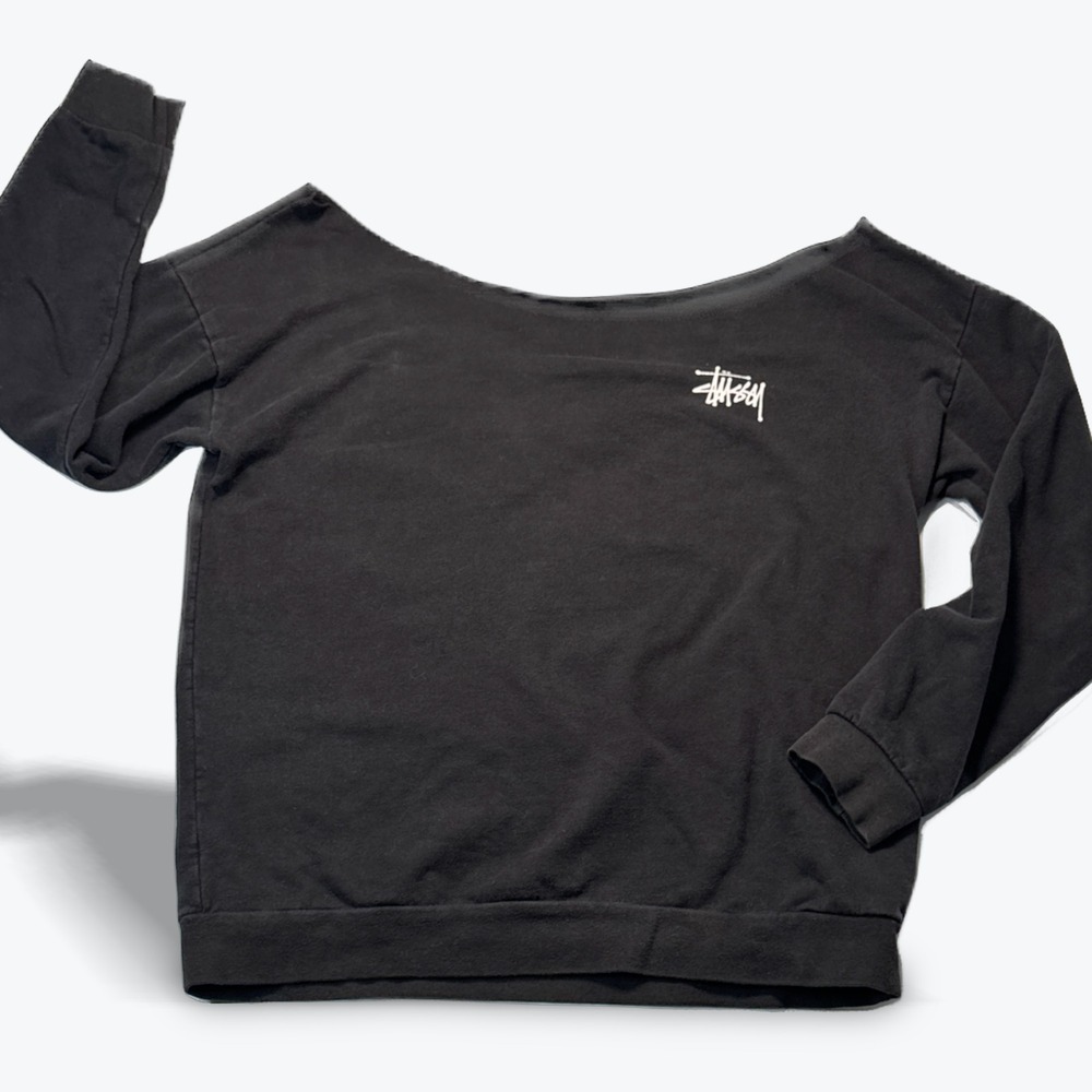Stussy Boat Neck Sweatshirt Womens Small Black Logo Graphic Pullover Made in USA